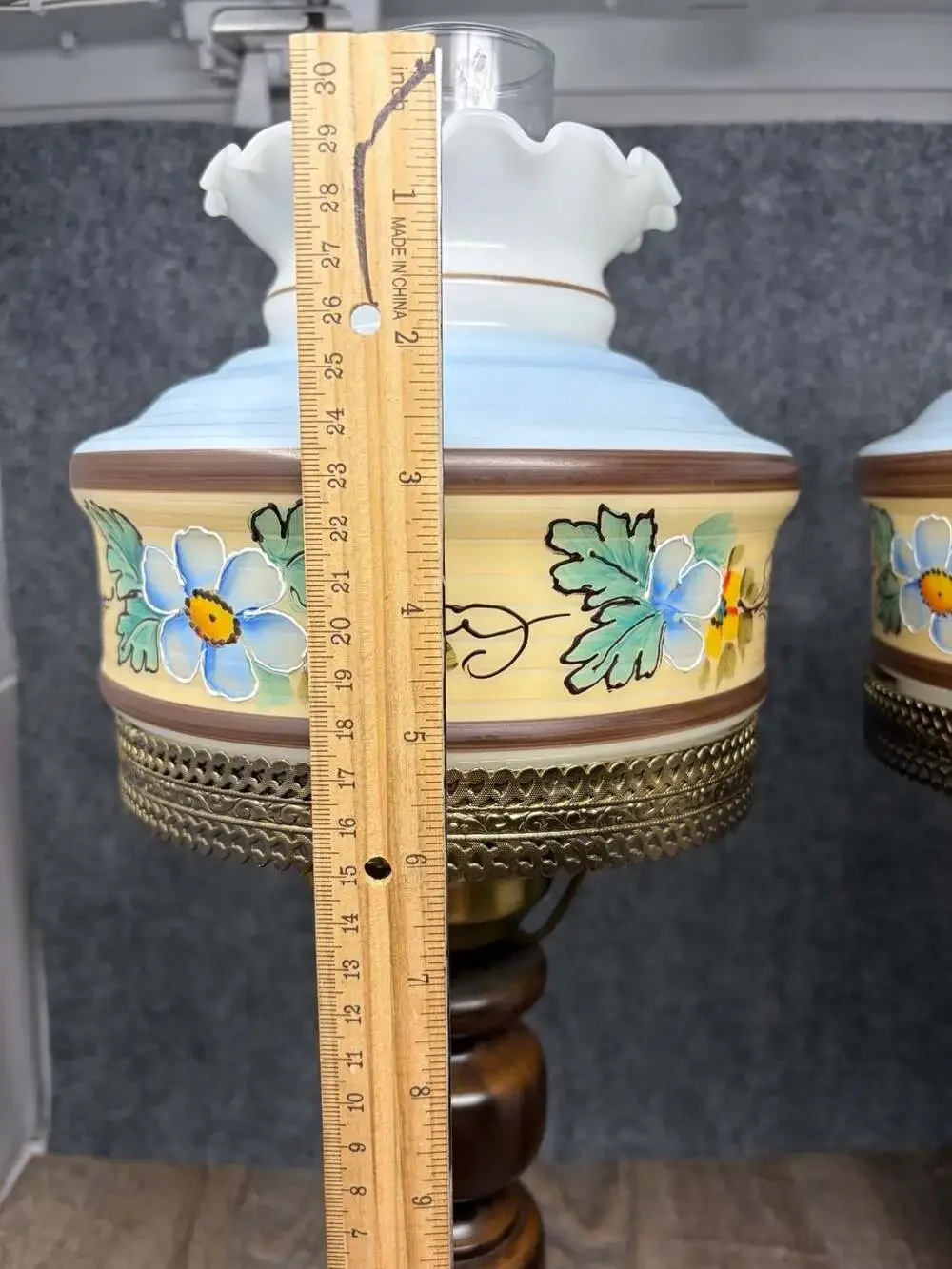 VTG MCM Hand Painted Floral Glass Hurricane GWTW  Table Lamps Turned wood base